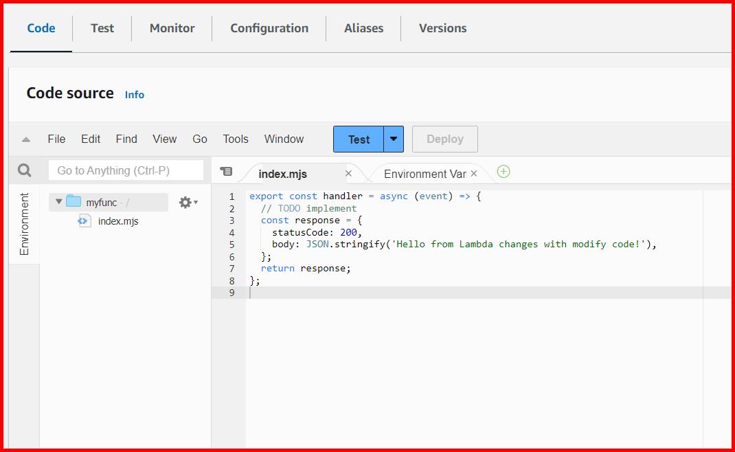 Picture showing modifying the lambda function code